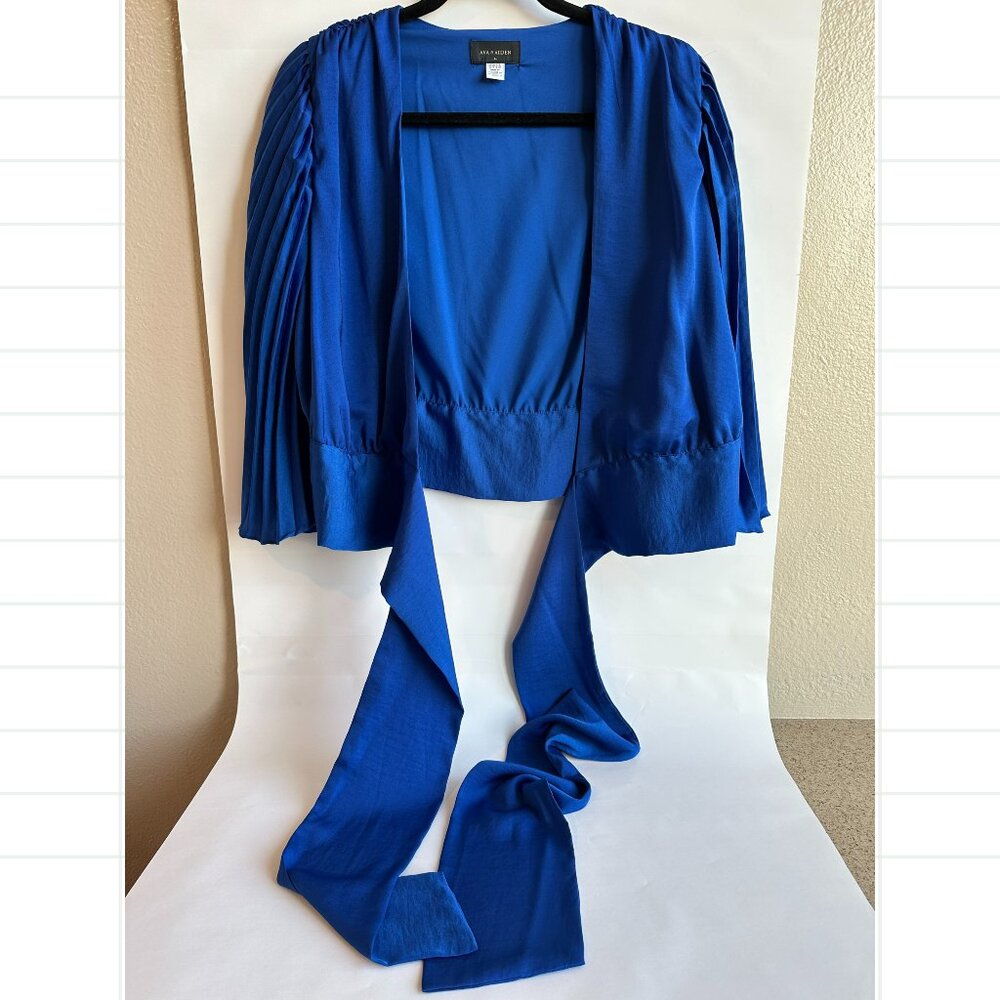 AVA & AIDEN Blue Pleated Sleeve Draped Tie-Front Top